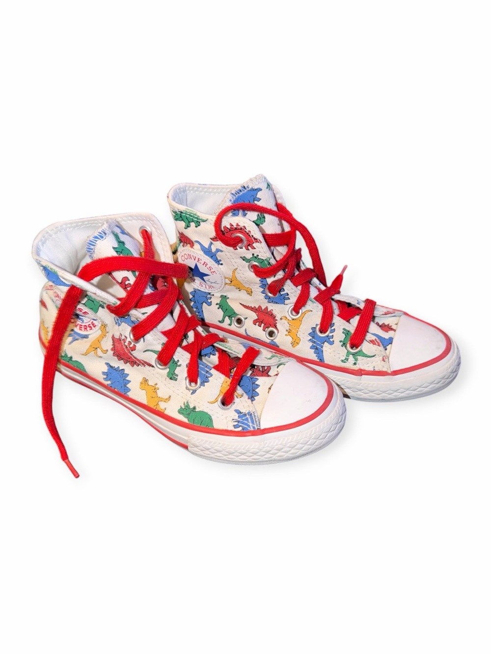 Converse Kids High-Top Sneakers with Red Laces and Multicolor Dinosaur Print